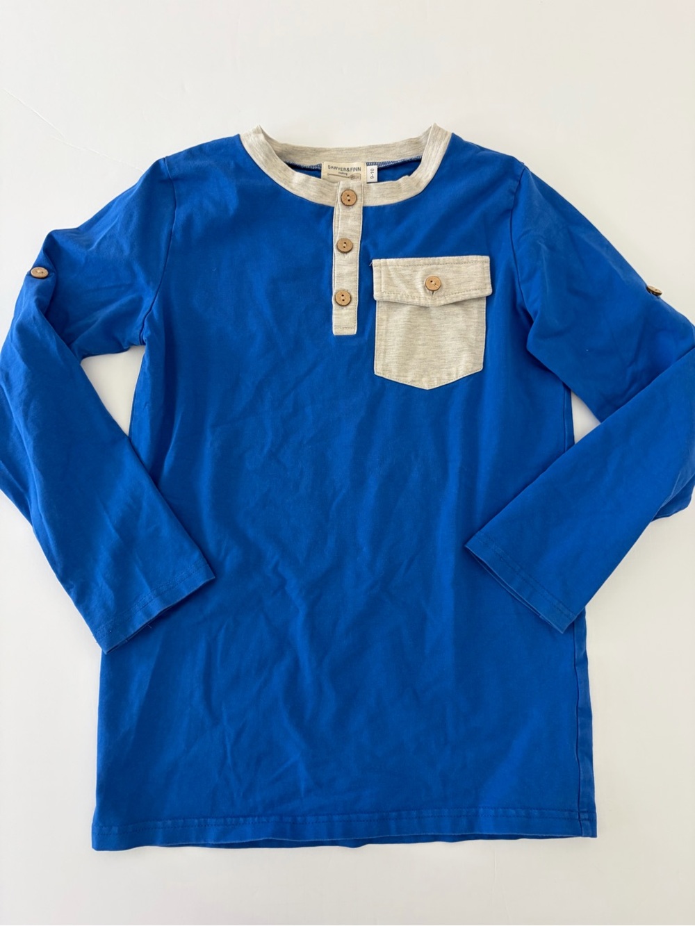 Sawyer & Finn Boys Blue Long Sleeve Cotton Henley Shirt Made In USA Fall Winter